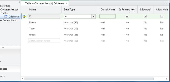 Table Definition in WebMatrix